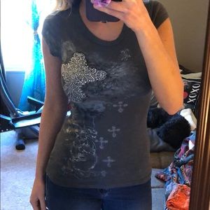 Gray Shirt with Bedazzled Cross